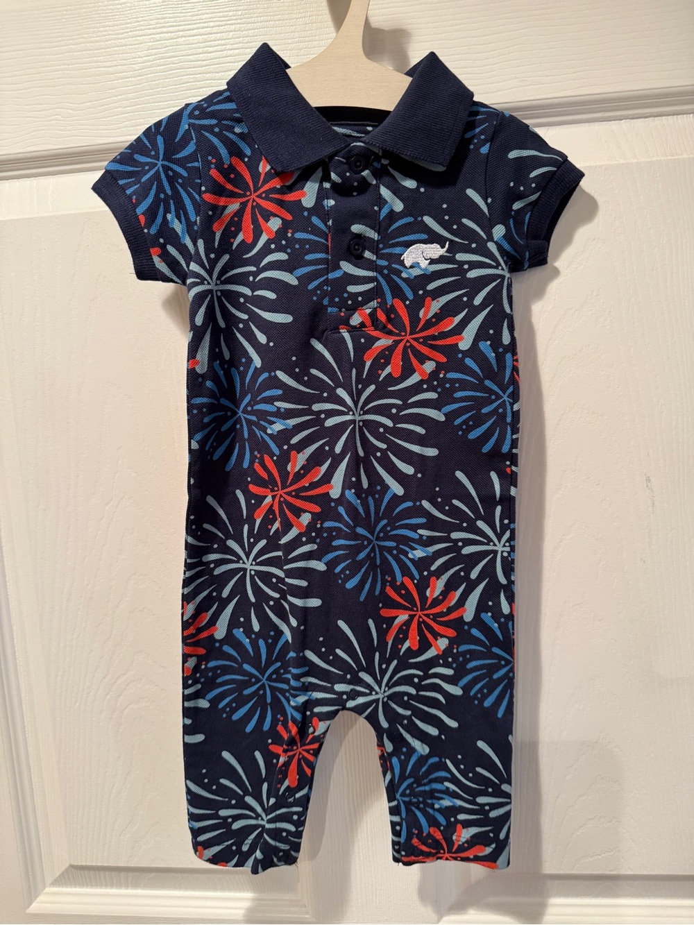 Monica + Andy Navy Blue Polo Romper with Red, White & Blue Fireworks 3-6M